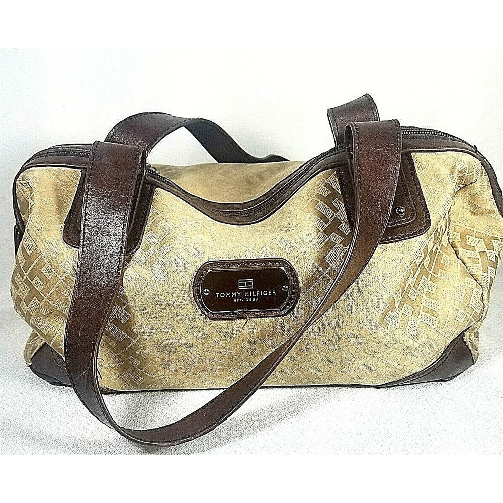 Tommy Hilfiger Canvas Handbag cream color with brown straps